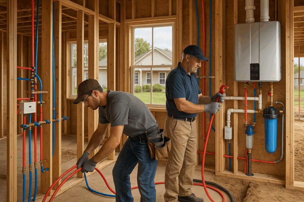 Framed new construction with exposed studs and copper lines