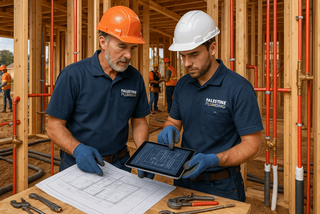 Palestine Plumbing technicians reviewing plumbing plans on a tablet at a new build with exposed pipes
